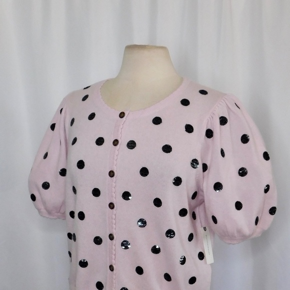 NWT!! Anthropologie MAEVE Puff-Sleeve Cashmere Cardigan Sweater Pink Sequin Dots - Picture 8 of 16